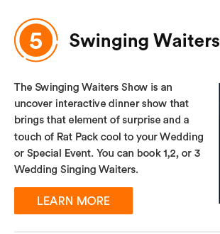 Swinging Waiters - The Swinging Waiters Show is an uncover interactive dinner show that brings that element of surprise and a touch of Rat Pack cool to your Wedding or Special Event. You can book 1,2, or 3 Wedding Singing Waiters.