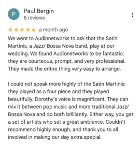 Google review five stars for Satin martinis from Audionetworks.ie